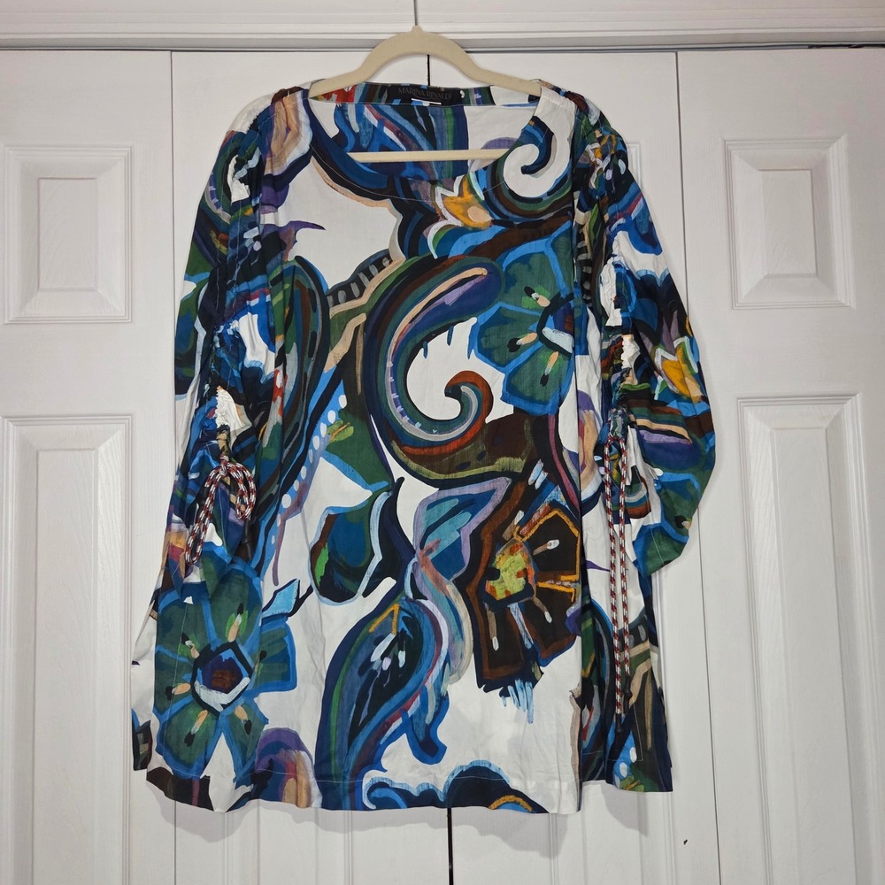 Marina Rinaldi Tunic Top 20W Multicolor Good Abstract Ruched Sleeve Side Slit